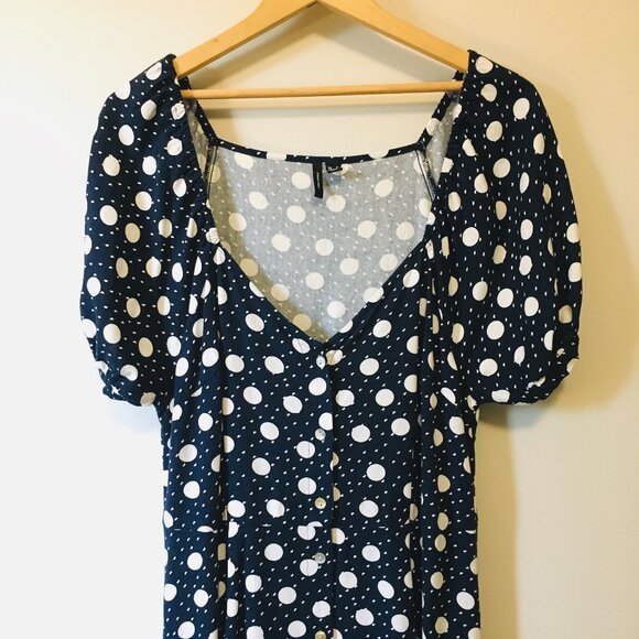 Linen Blend Polka Dot Button Down Puff Sleeve Maxi Dress - Picture 4 of 16